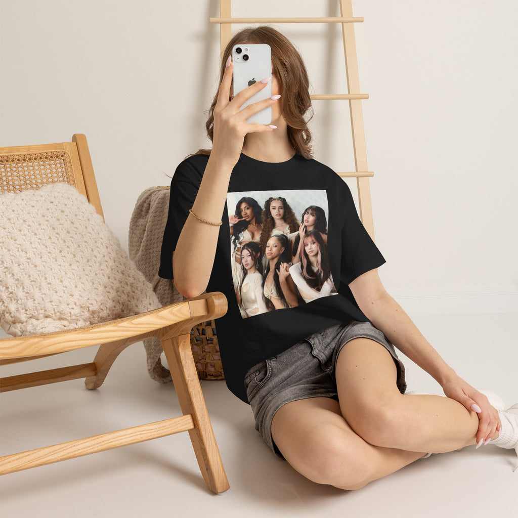 K-Pop Girl Group Photo Tee — Pink Star Emblem Back Print
