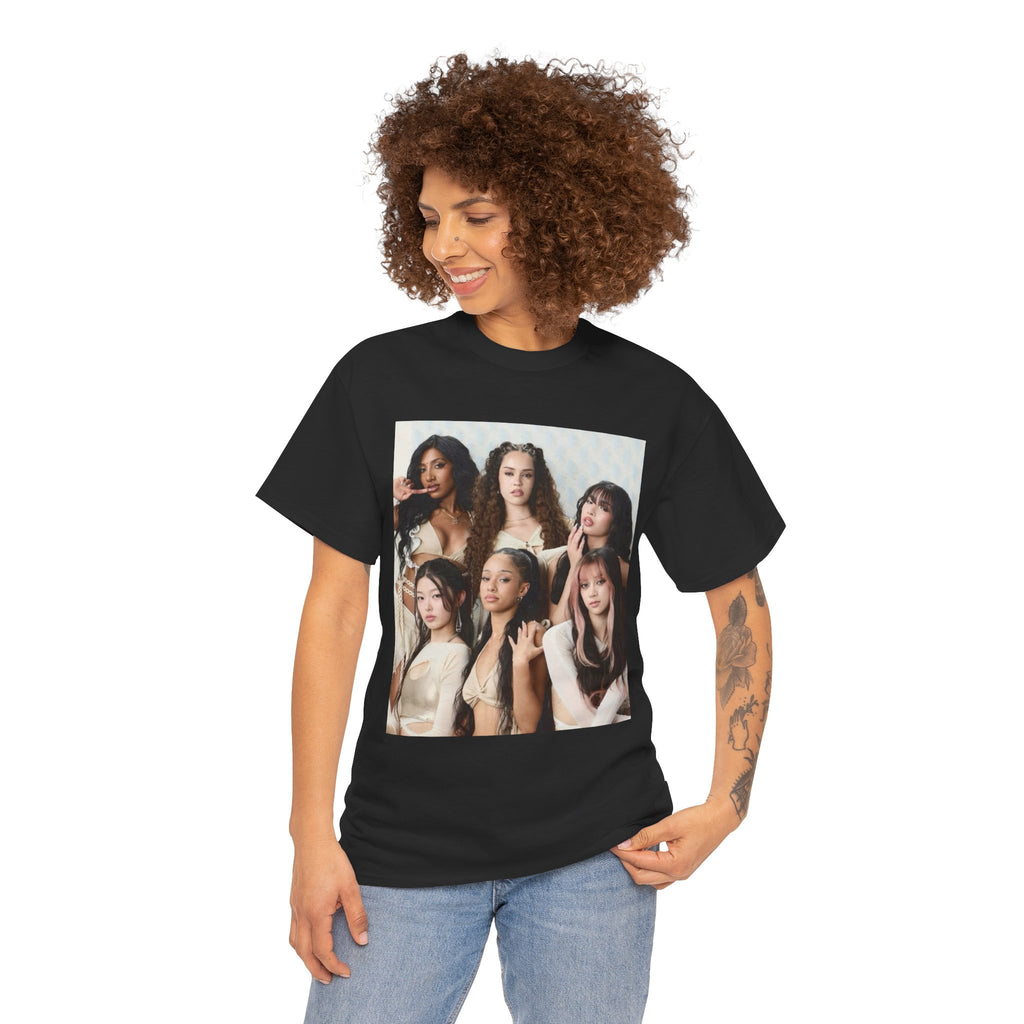 K-Pop Girl Group Photo Tee — Pink Star Emblem Back Print