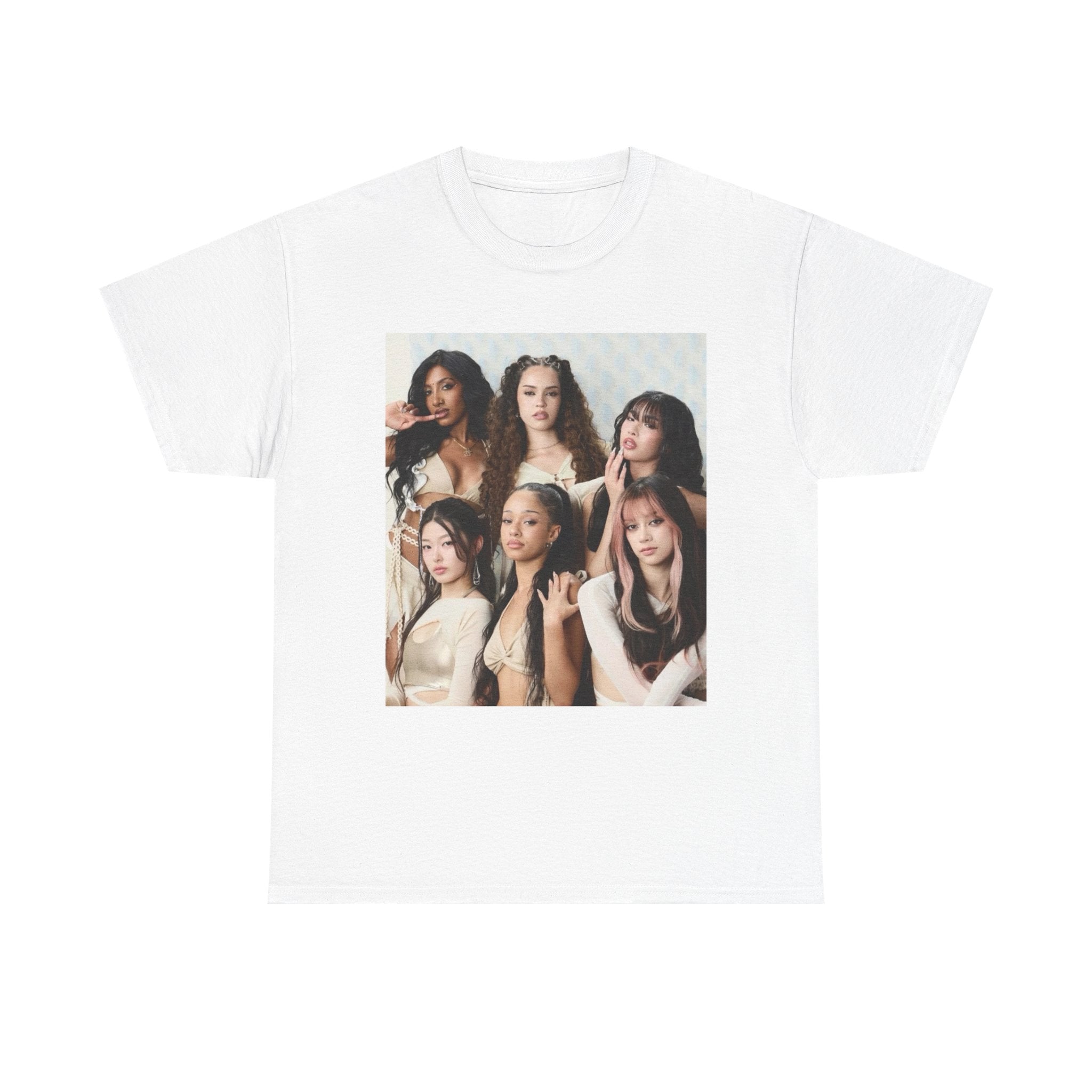 K-Pop Girl Group Photo Tee — Pink Star Emblem Back Print
