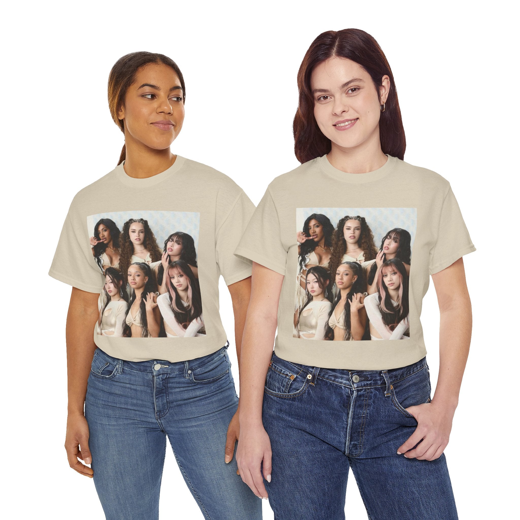 K-Pop Girl Group Photo Tee — Pink Star Emblem Back Print