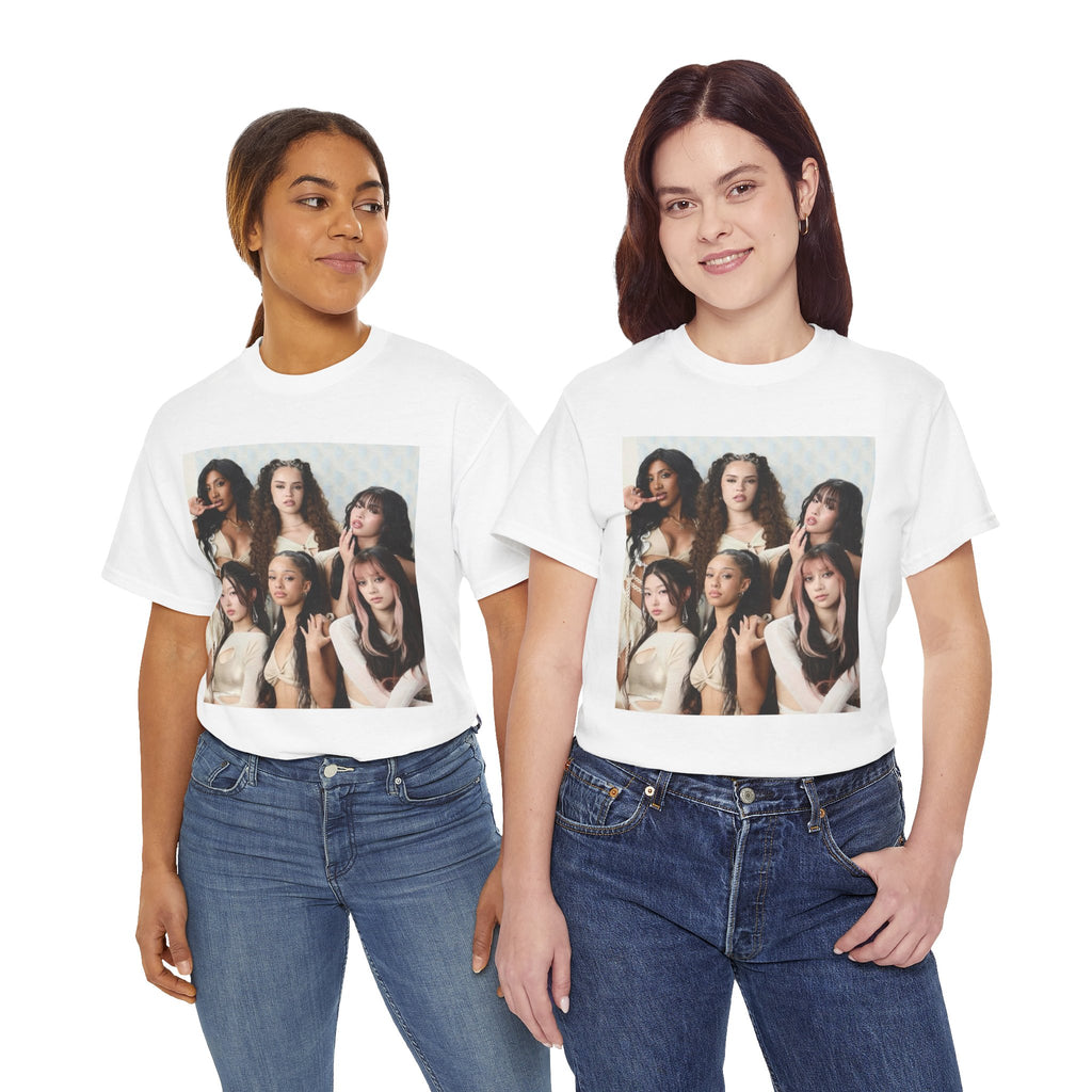 K-Pop Girl Group Photo Tee — Pink Star Emblem Back Print