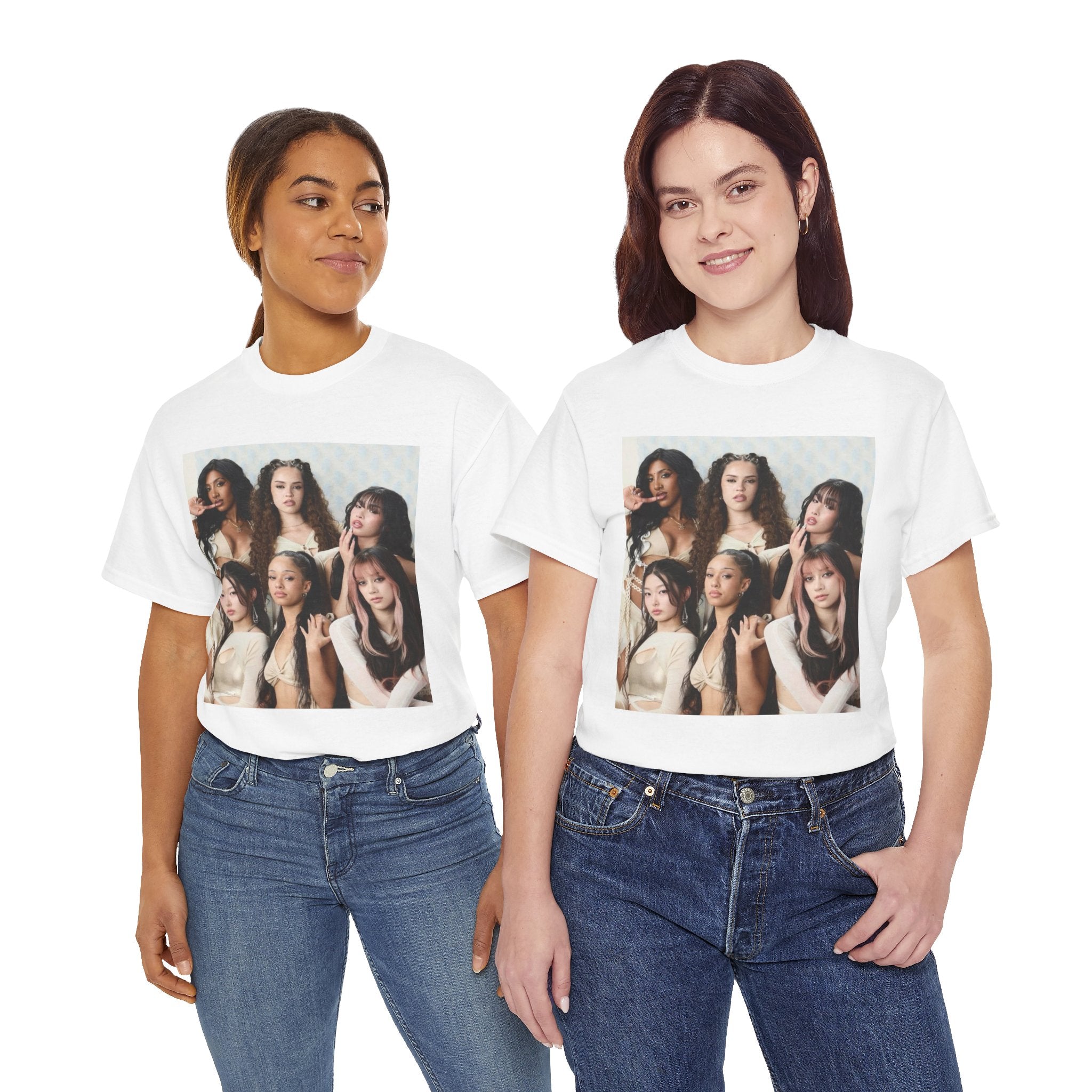 K-Pop Girl Group Photo Tee — Pink Star Emblem Back Print
