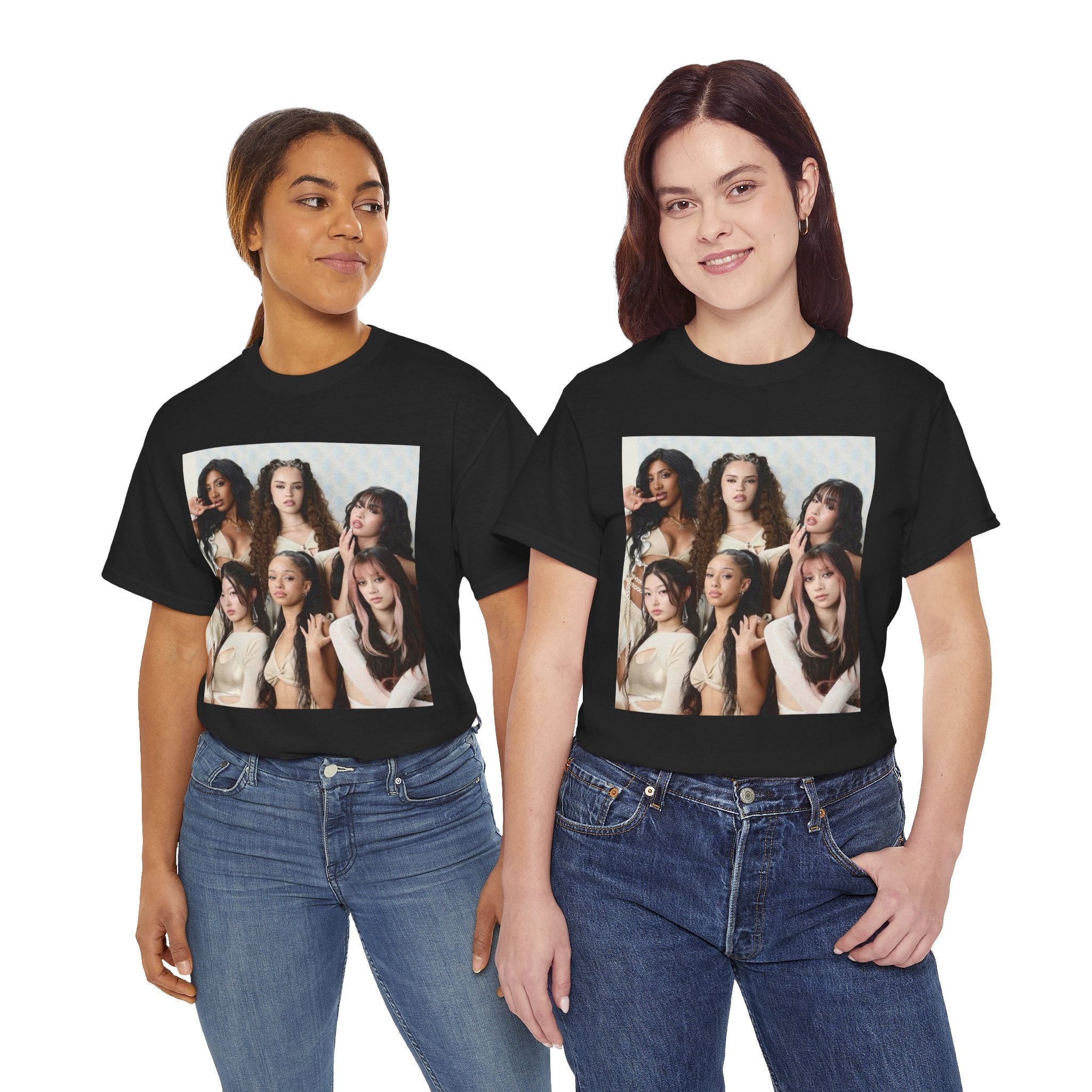 K-Pop Girl Group Photo Tee — Pink Star Emblem Back Print